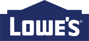 Lowes logo: bold white letters on a blue, house-shaped background.