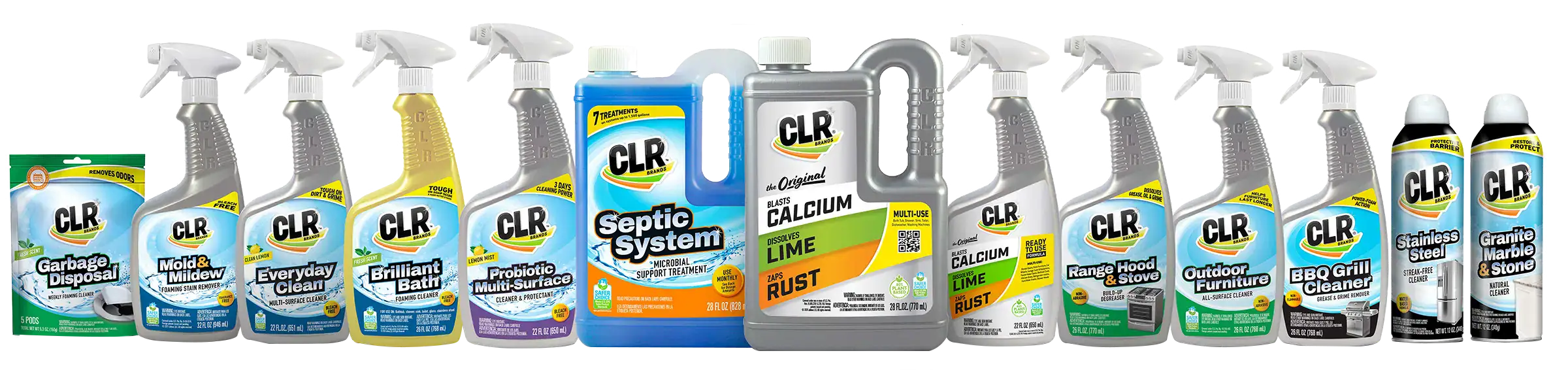 Assorted CLR cleaning products—sprays, liquids, powders—lined up side by side on a white background.