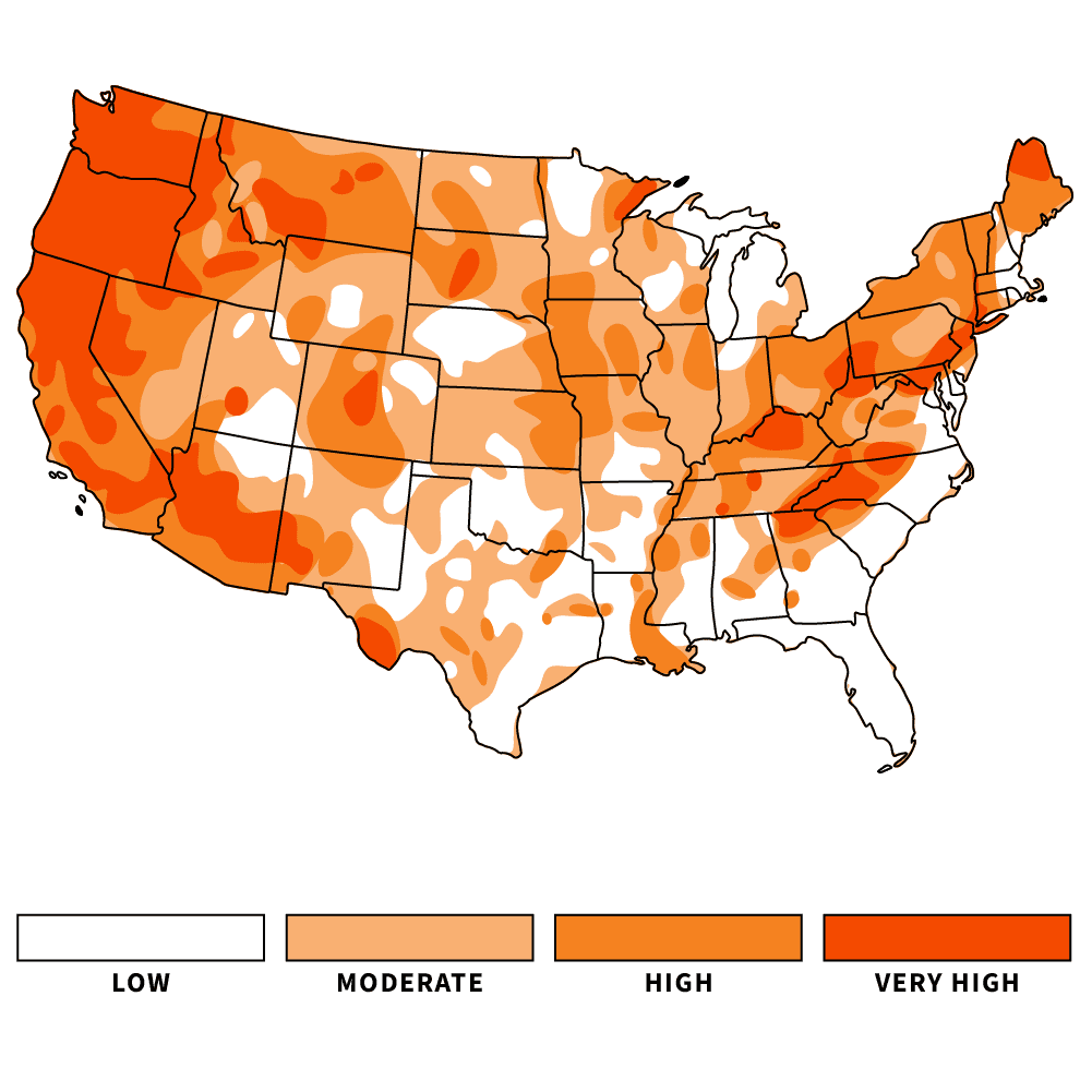 A map of the US shows levels of iron in the soil by region, ranging from low to very high, using different shades of orange and white. The higher the iron content the more likely to have rust.