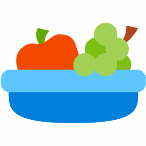 Blue bowl with a red apple and green grapes.