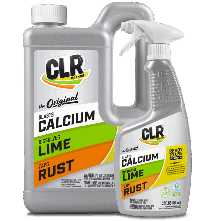 Two cleaning products: a CLR jug with handle and a convenient ready-to-use spray bottle, both labeled for removing calcium, lime, and rust.