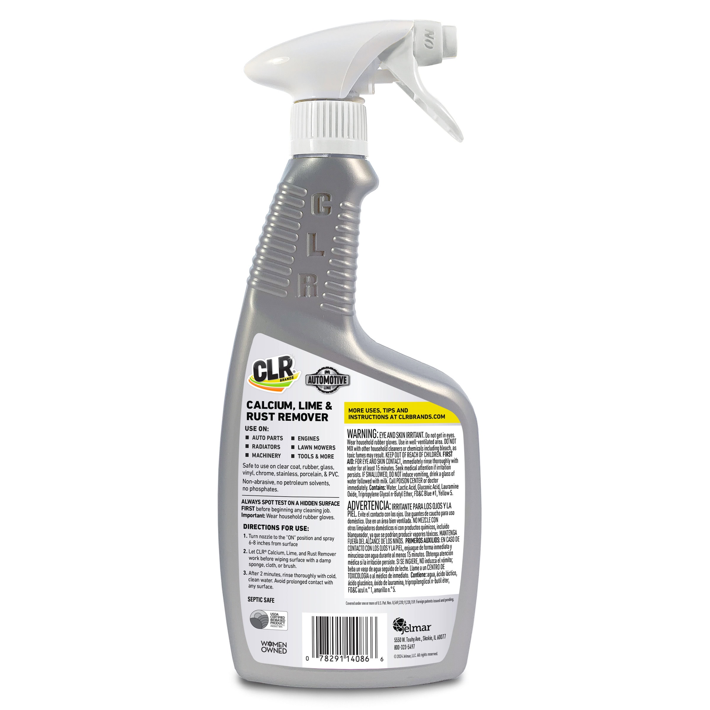 Gray CLR Calcium, Lime & Rust Remover spray bottle with white trigger and labeled instructions.