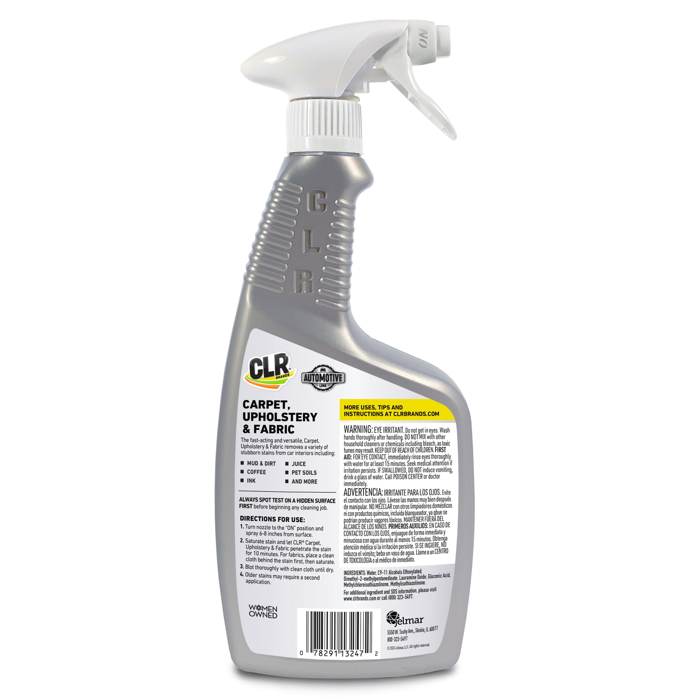 Back of CLR Carpet Cleaner spray bottle displaying label with directions, info, and warnings.