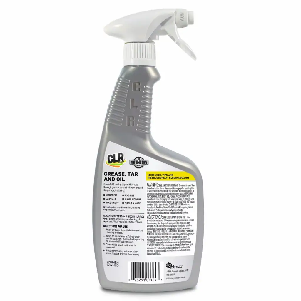CLR Brands automotive line grease, tar, and oil spray bottle for vehicle maintenance and cleaning.