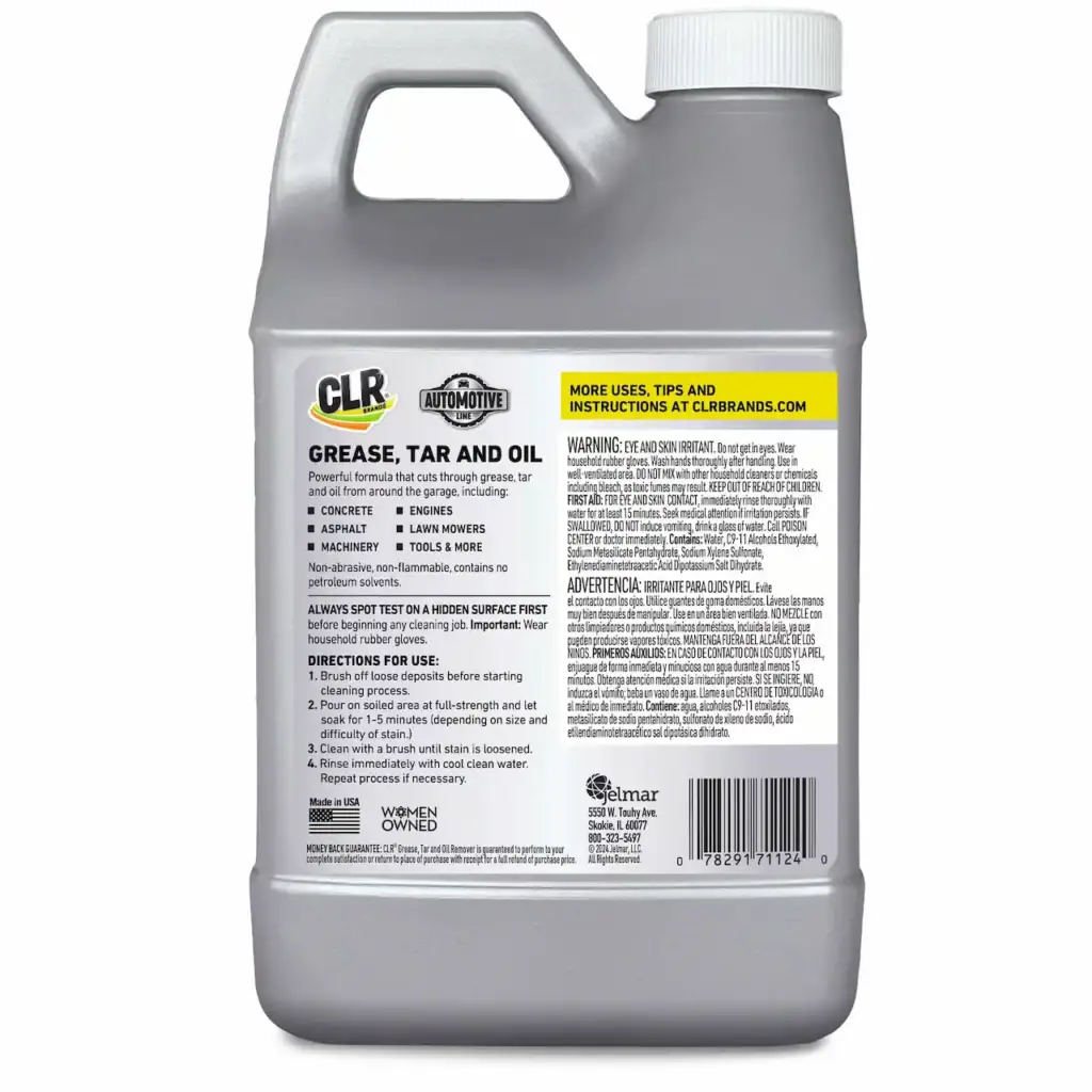 CLR Brands automotive grease, tar, and oil remover in a gray plastic bottle with a white cap, featuring a yellow and black label for cleaning and degreasing vehicles.