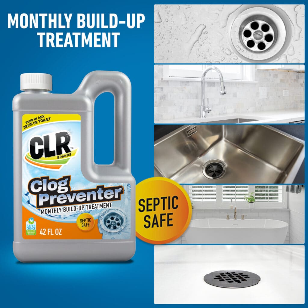 CLR Clog Preventer bottle with sink, tub, and drain images, for monthly household build-up treatment.