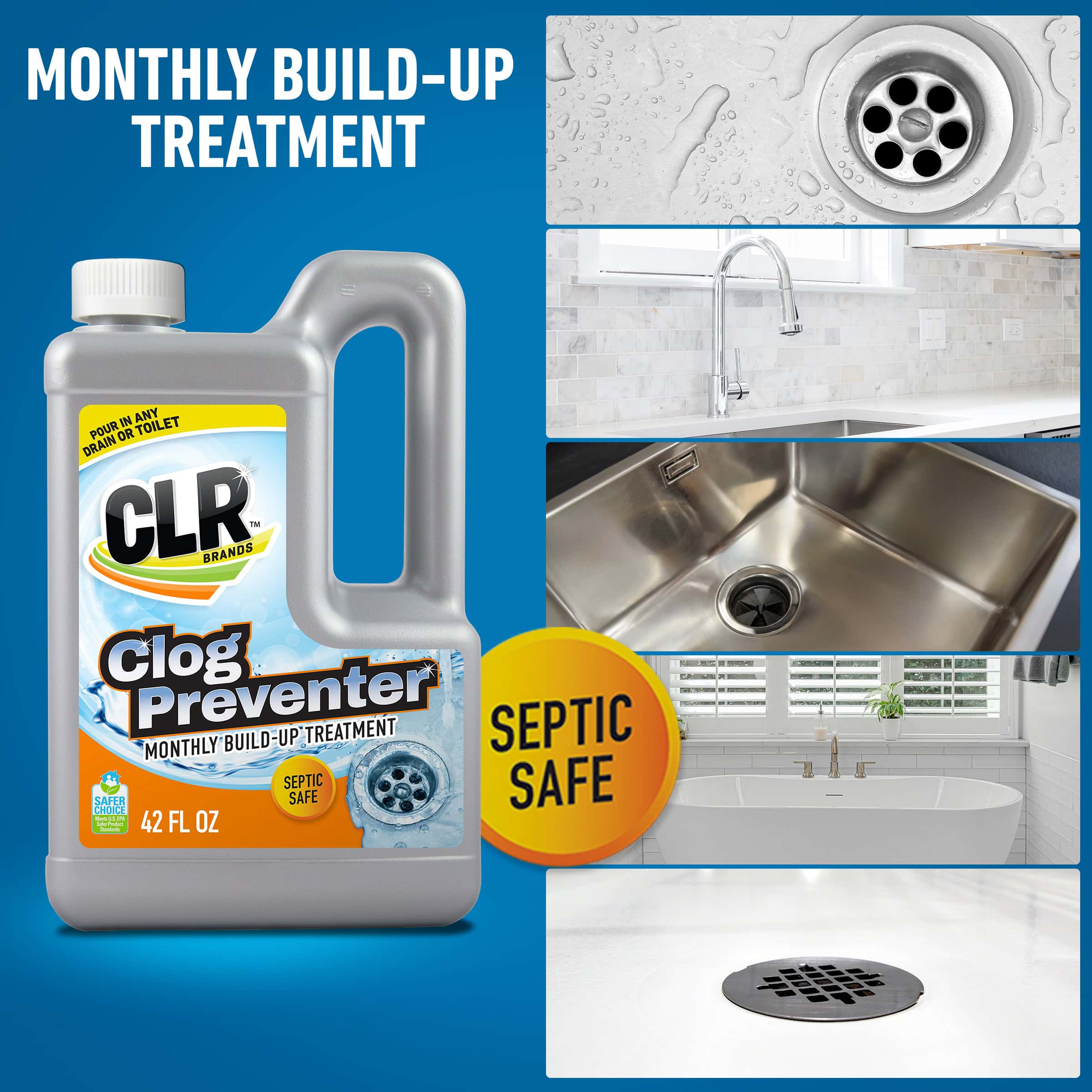 CLR Clog Preventer bottle with sink, tub, and drain images, for monthly household build-up treatment.