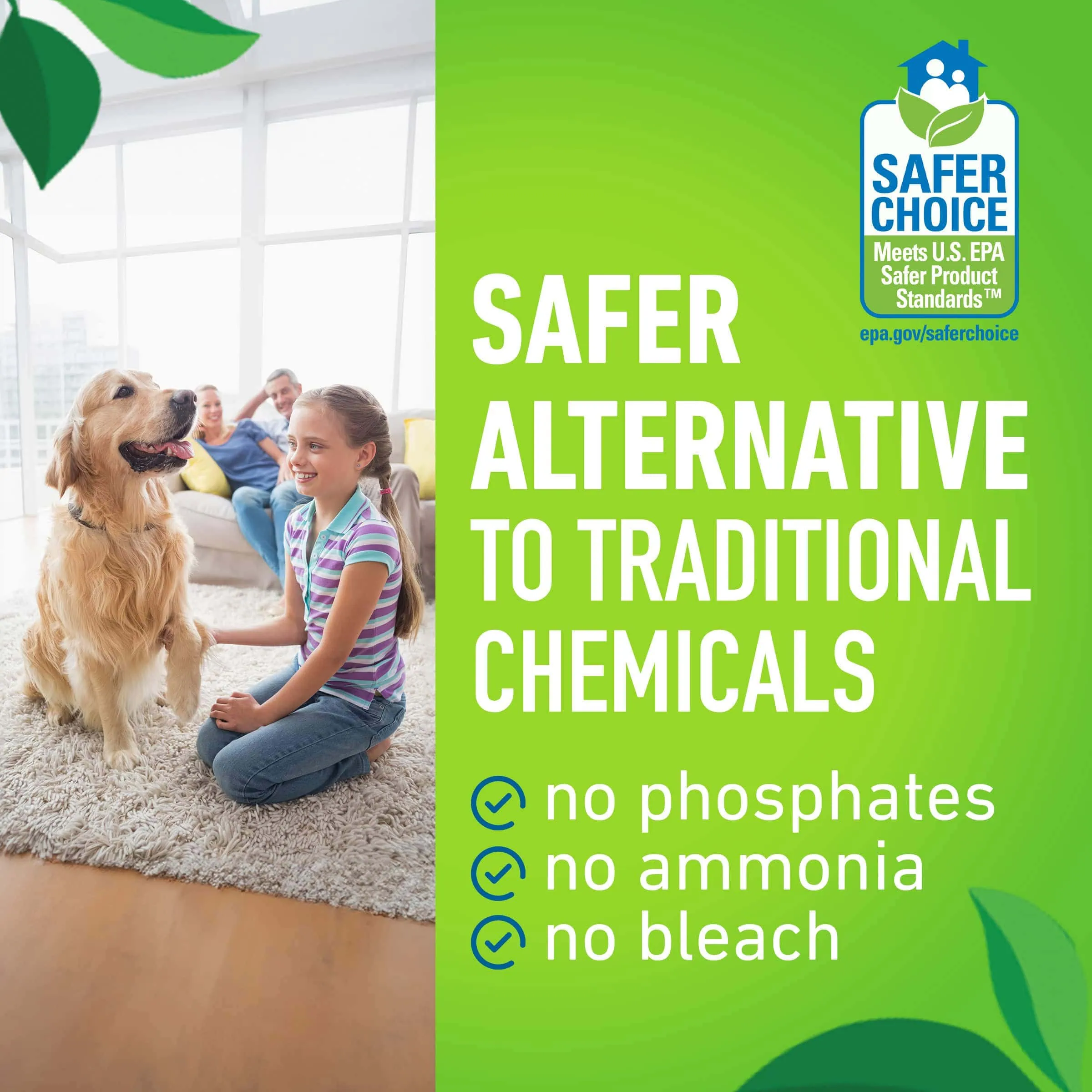 Girl and dog on living room carpet; text promotes safer cleaning with EPA Safer Choice label.