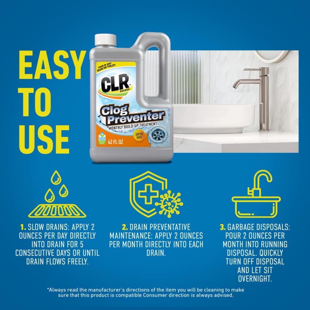 CLR Clog Preventer bottle with drain and disposal instructions, yellow-blue background, sink images.