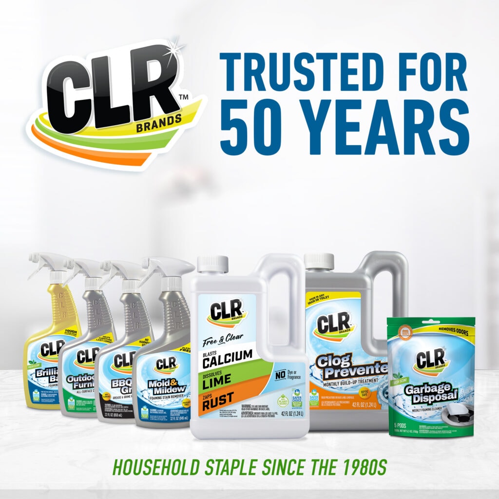 CLR cleaning products with "Trusted for 50 Years" and "Household Staple Since the 1980s" text.