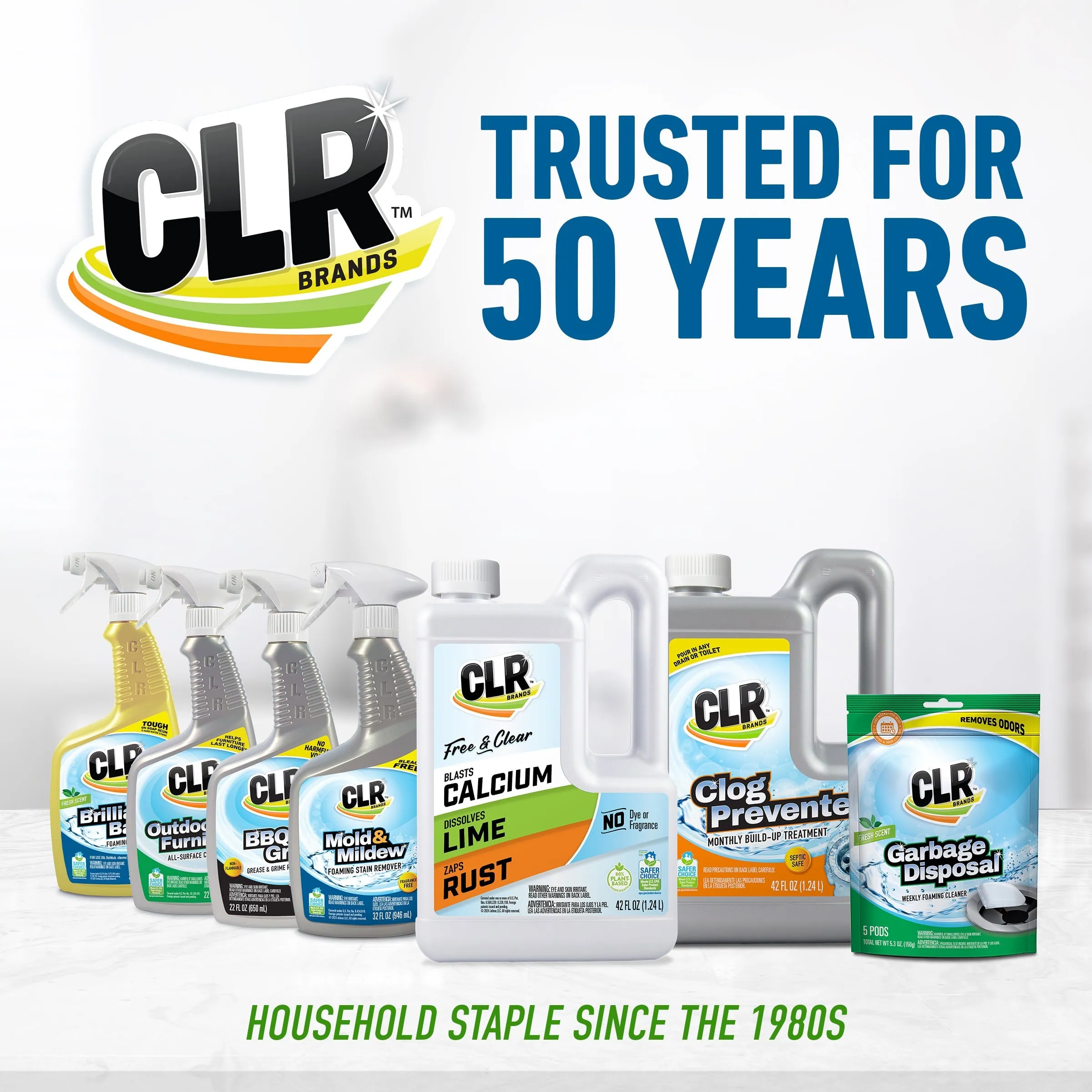 CLR cleaning products with "Trusted for 50 Years" and "Household Staple Since the 1980s" text.