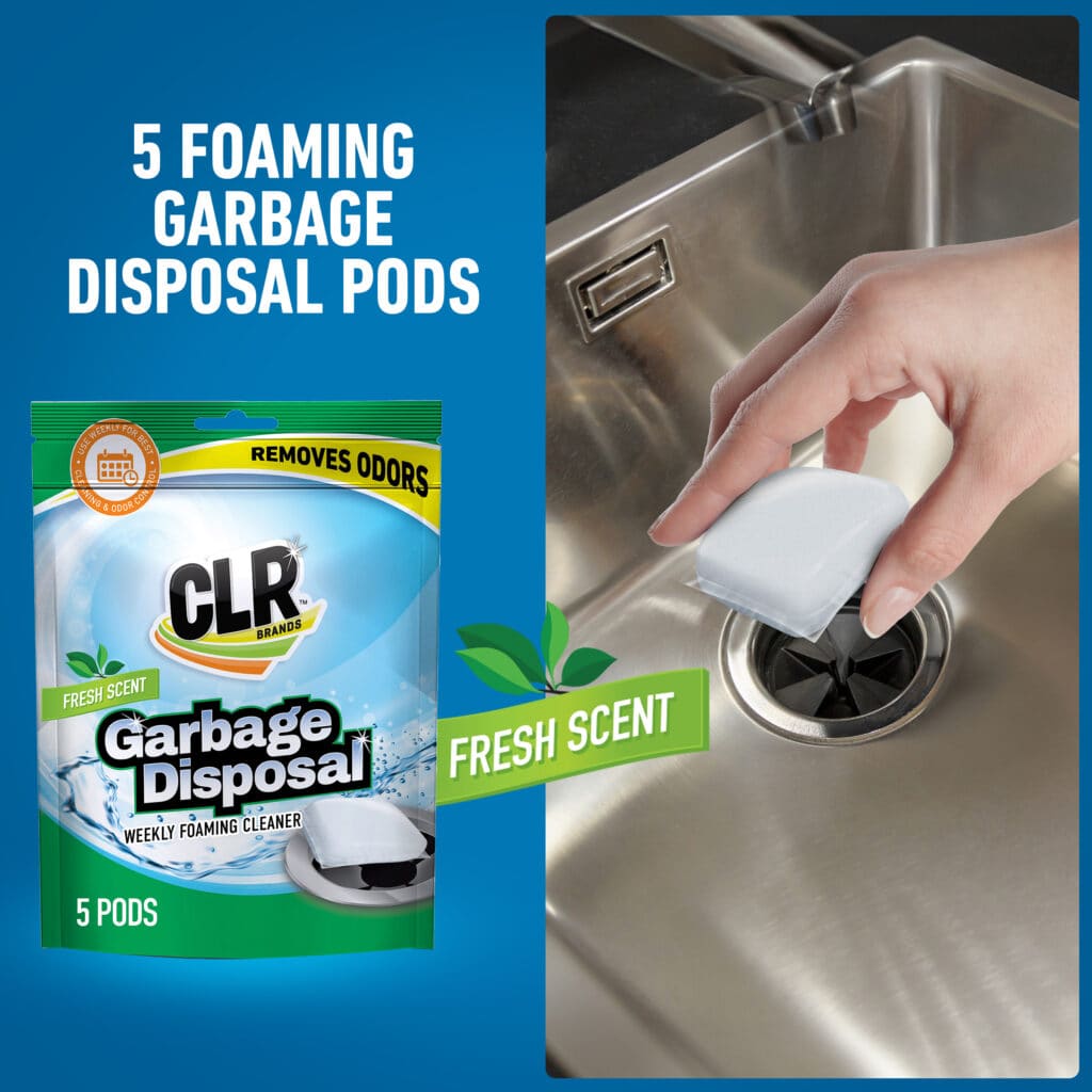 Hand places white foaming pod into sink disposal; CLR Garbage Disposal pods packaging visible on left.