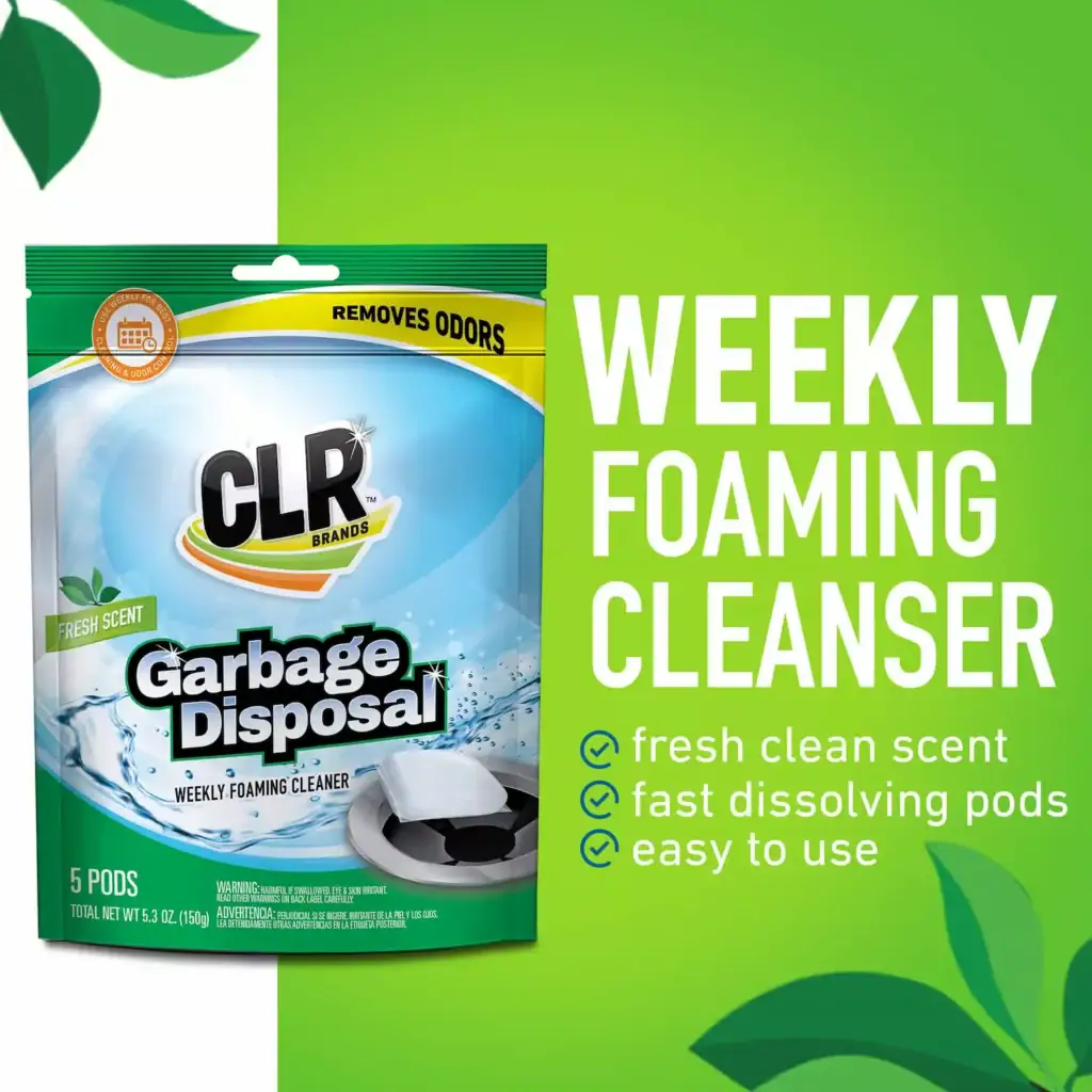 CLR Garbage Disposal Weekly Foaming Cleanser package, features: fresh scent, fast-dissolving, easy to use.