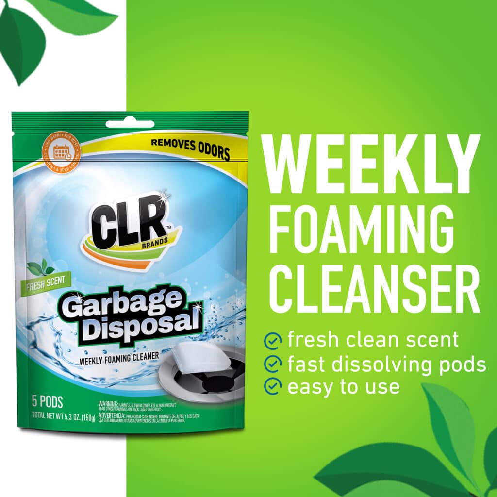 CLR Garbage Disposal Weekly Foaming Cleanser package, features: fresh scent, fast-dissolving, easy to use.