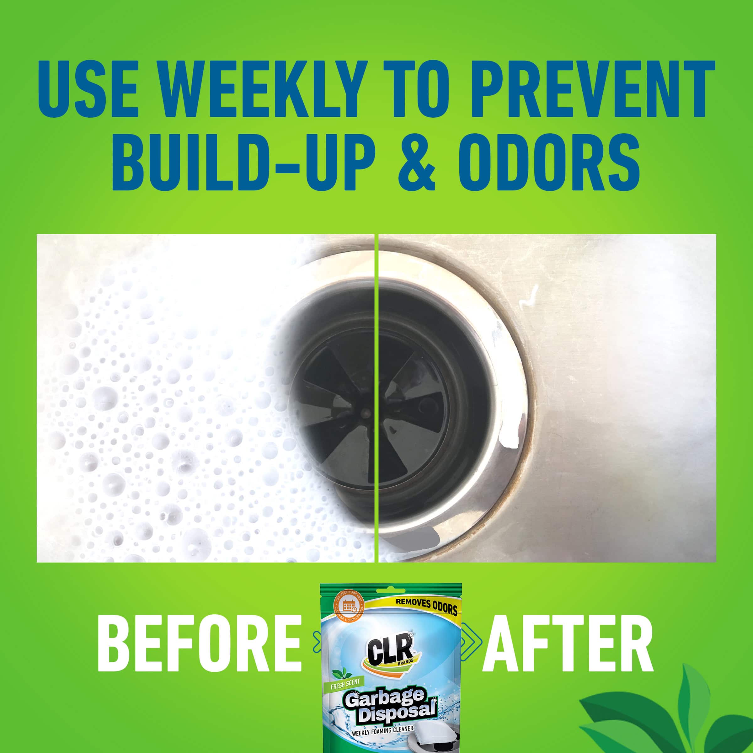 Split image: clogged vs. clean sink drain; promotes CLR cleaner. Text reads "Before and After.