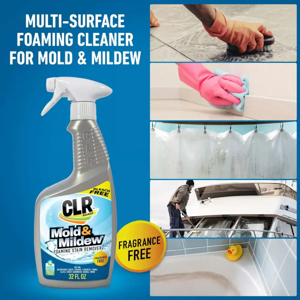 CLR Mold & Mildew Cleaner bottle, cleaning images, yellow duck, fragrance free.