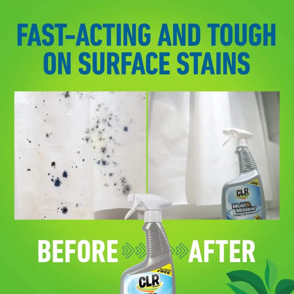 Before-and-after of CLR Mold & Mildew remover cleaning stains from a shower curtain.