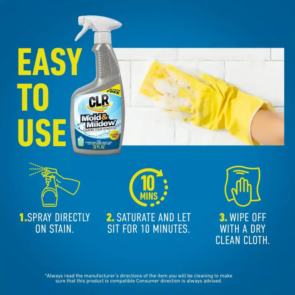 CLR Mold & Mildew Spray with yellow gloves cleaning a wall, showing easy 3-step process for mold removal, ideal for mold and mildew issues.