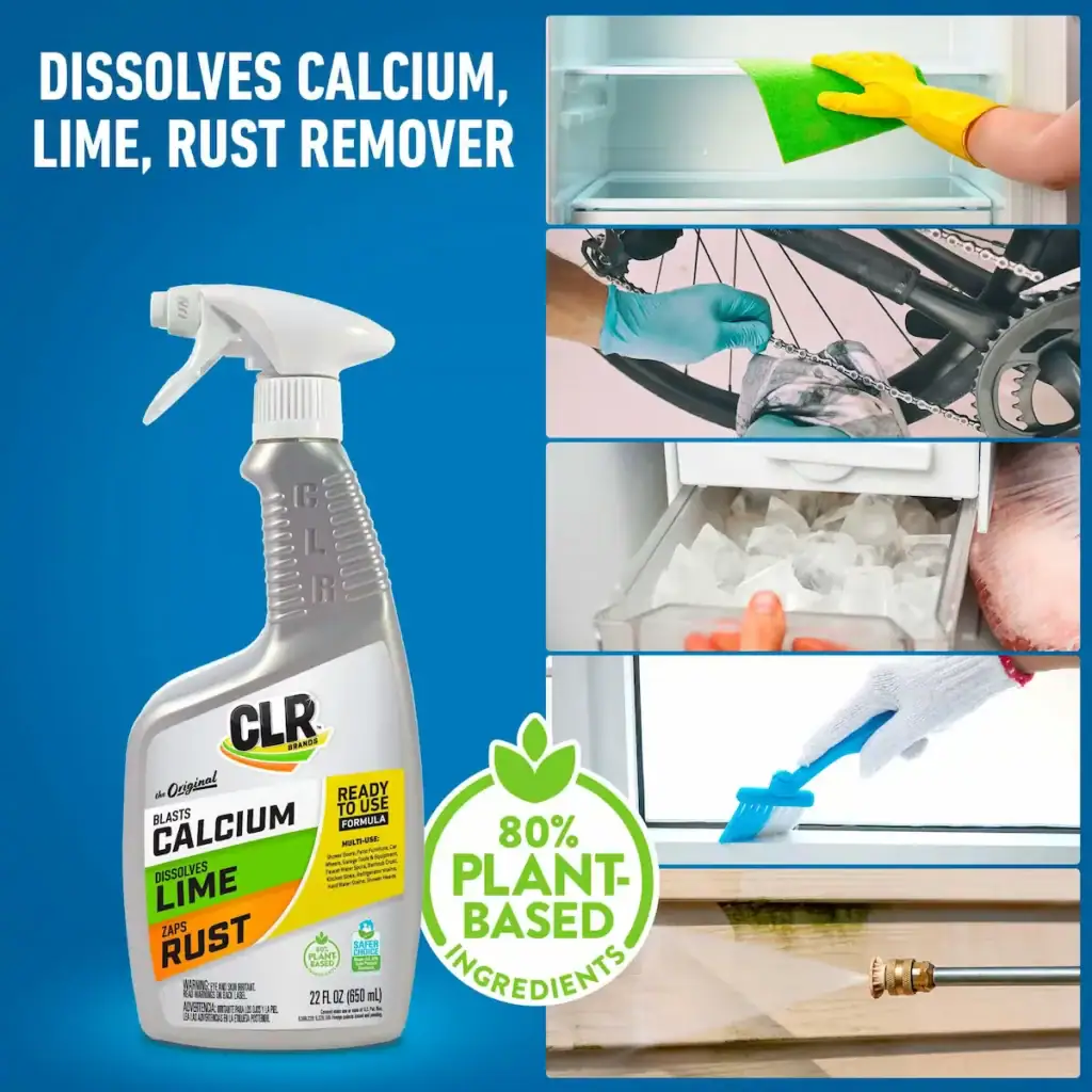 CLR spray bottle, "Dissolves Calcium, Lime, Rust Remover," used on bike, ice maker, fridge, windowsill; 80% plant-based badge.