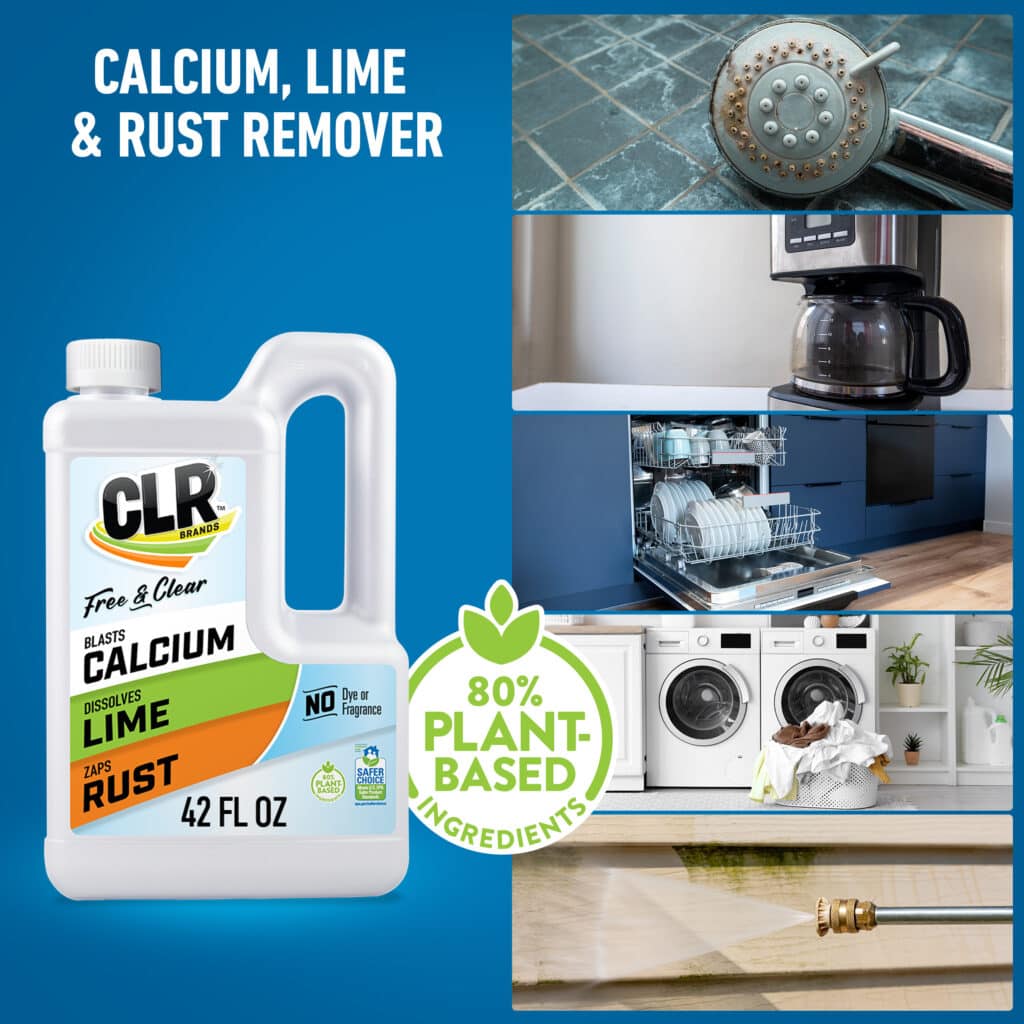 CLR calcium, lime, rust remover bottle with images of appliances; 80% plant-based ingredients label.