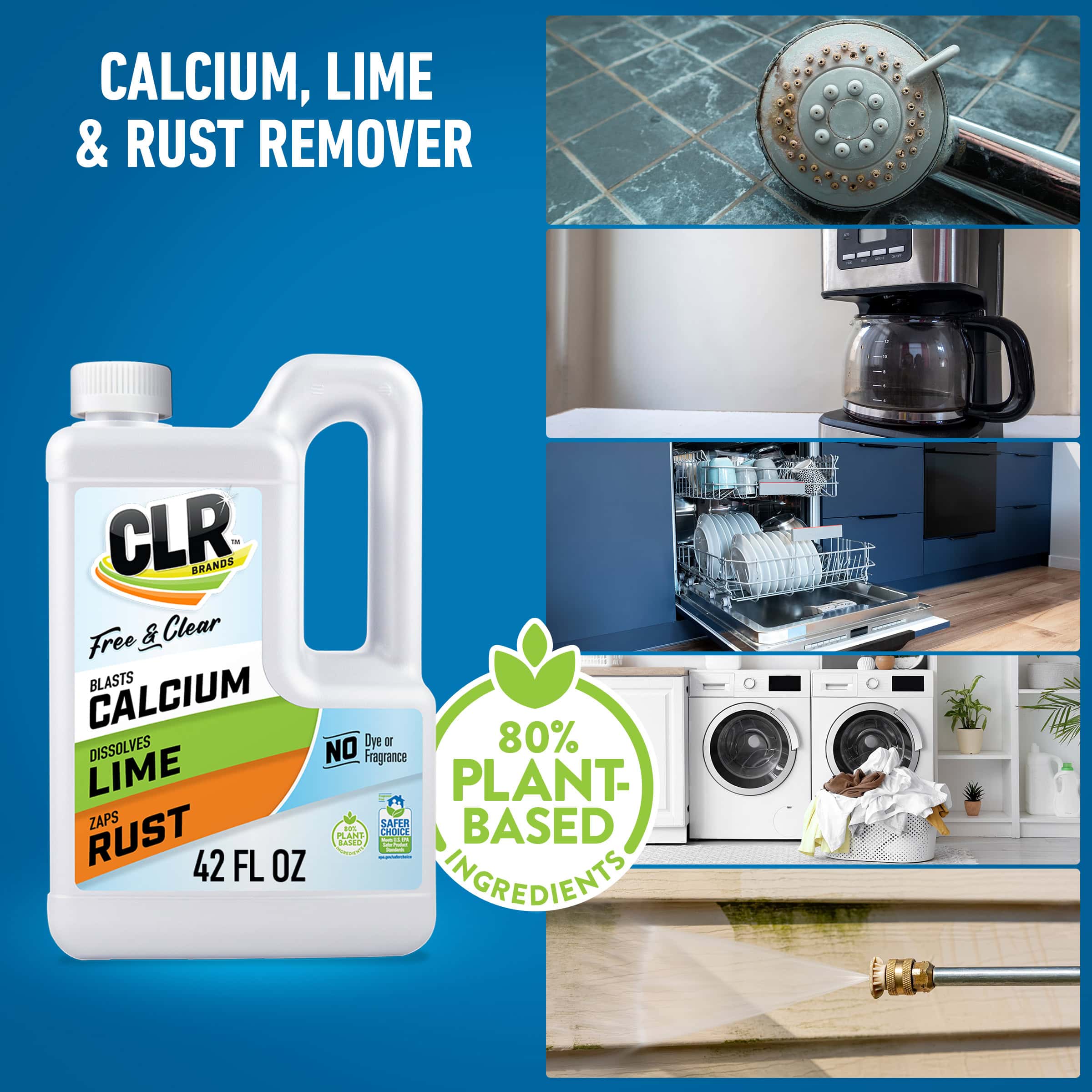 CLR calcium, lime, rust remover bottle with images of appliances; 80% plant-based ingredients label.