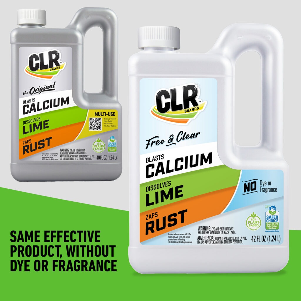 Two CLR remover bottles: original and Free & Clear, both promote same effective formula.