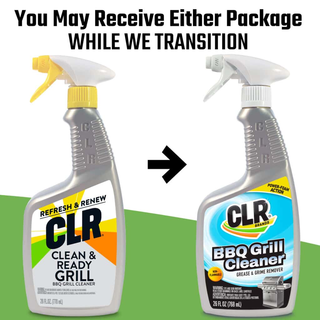 Two BBQ grill cleaner bottles, old and new design, shown side by side with an arrow between them.