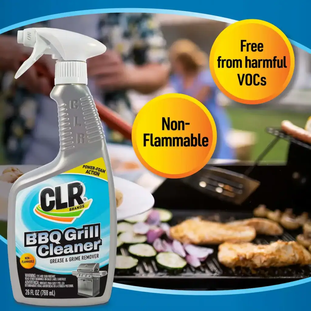 CLR BBQ Grill Cleaner bottle in front of grill with food, labeled VOC-free and non-flammable.