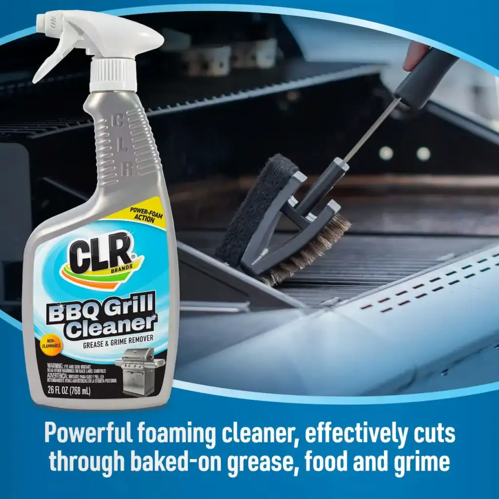 CLR BBQ Grill Cleaner beside a hand scrubbing grill with wire brush to remove grease and grime.