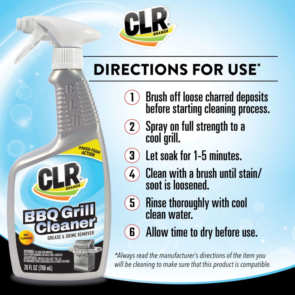 CLR BBQ Grill Cleaner bottle with step-by-step directions: brush, spray, soak, scrub, rinse, dry.