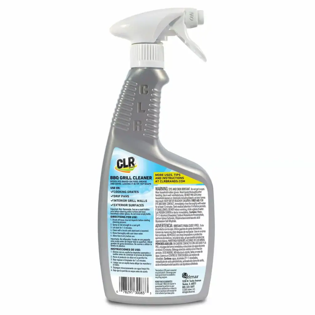 Spray bottle of CLR BBQ Grill Cleaner with gray and white label, instructions and warnings on back.