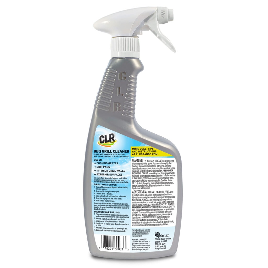 Spray bottle of CLR BBQ Grill Cleaner with gray and white label, instructions and warnings on back.