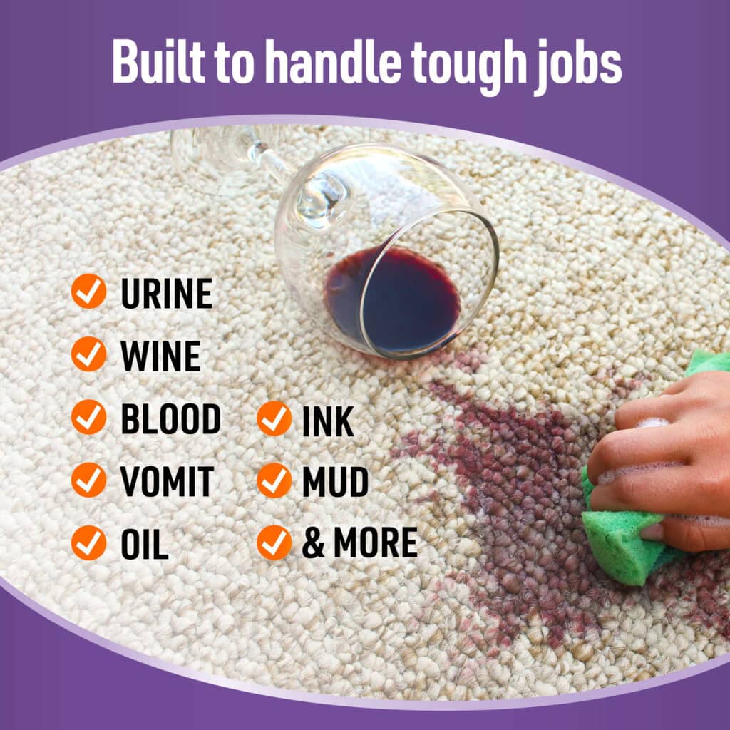 Hand cleans wine spill on carpet with green sponge; text lists many stain types like mud, urine, ink.