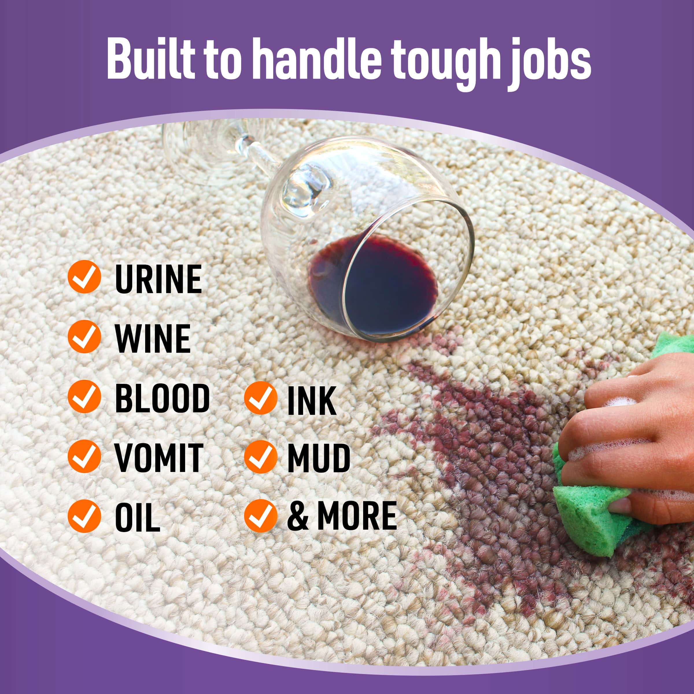 Hand cleans wine spill on carpet with green sponge; text lists many stain types like mud, urine, ink.