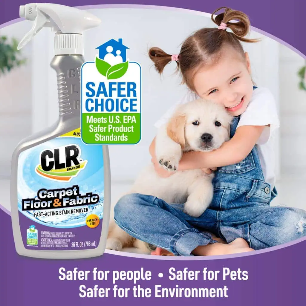 Girl hugging golden retriever puppy on purple background beside CLR Carpet Cleaner with Safer Choice label.