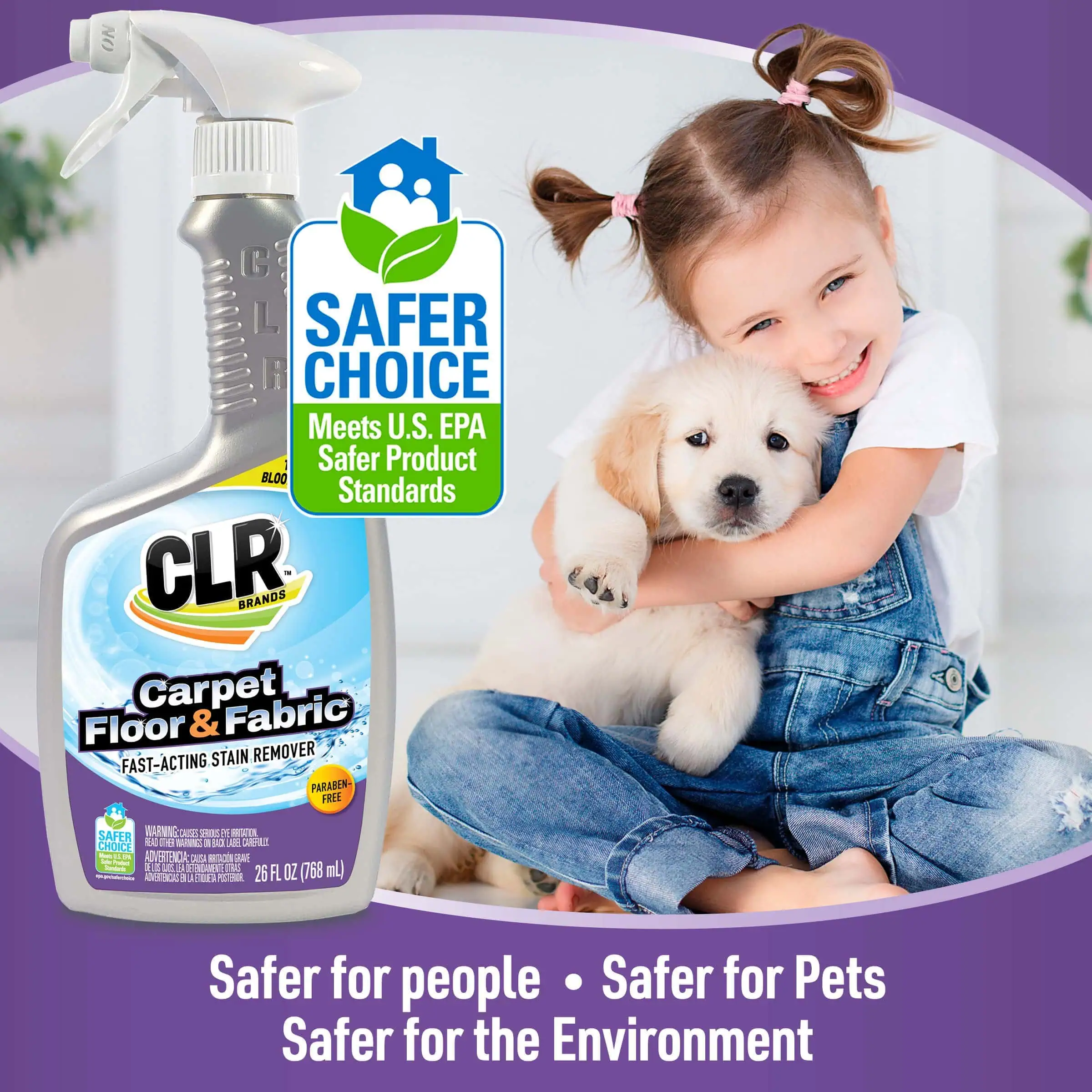Girl hugging golden retriever puppy on purple background beside CLR Carpet Cleaner with Safer Choice label.