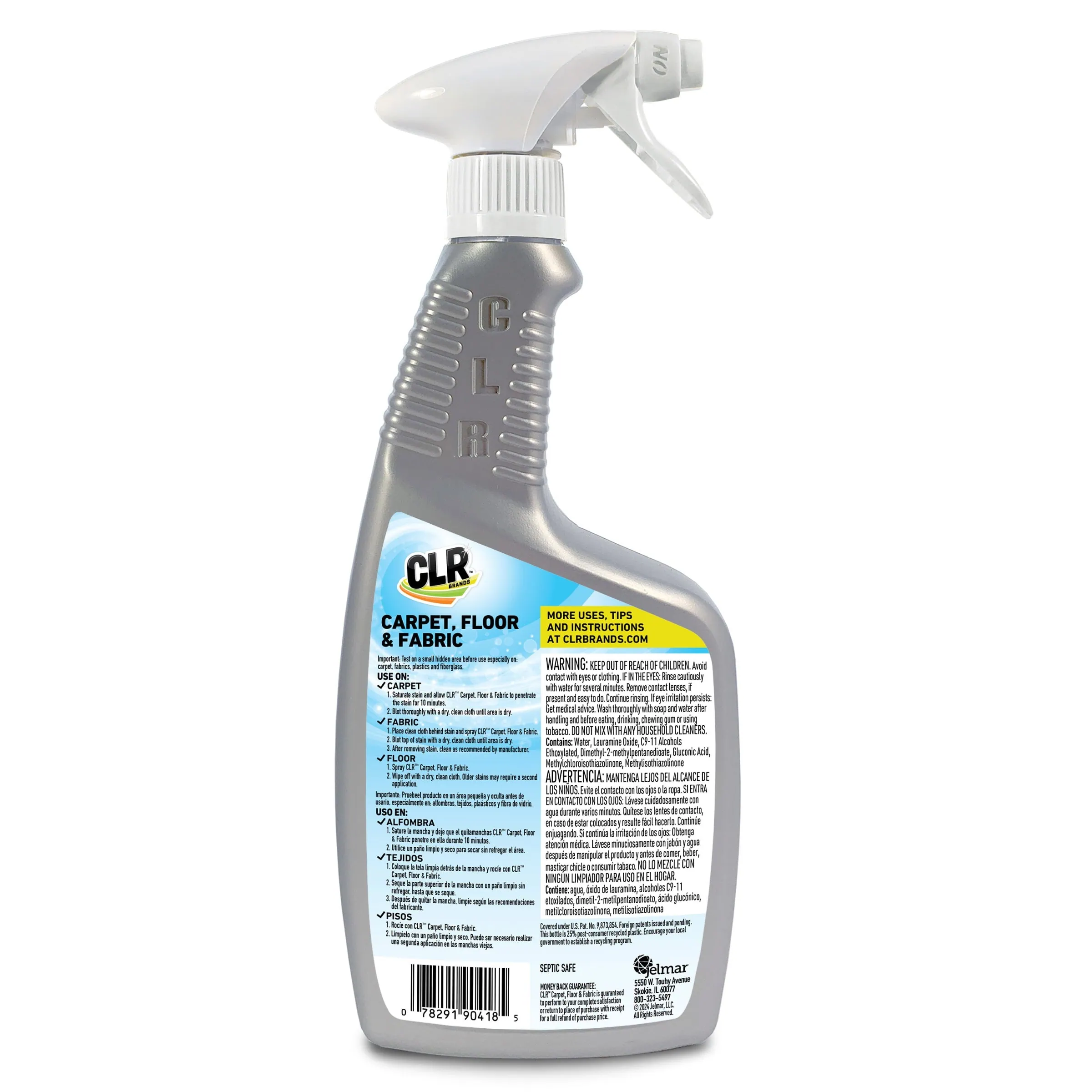 Back of CLR Carpet, Floor & Fabric cleaner spray showing label with instructions and warnings.
