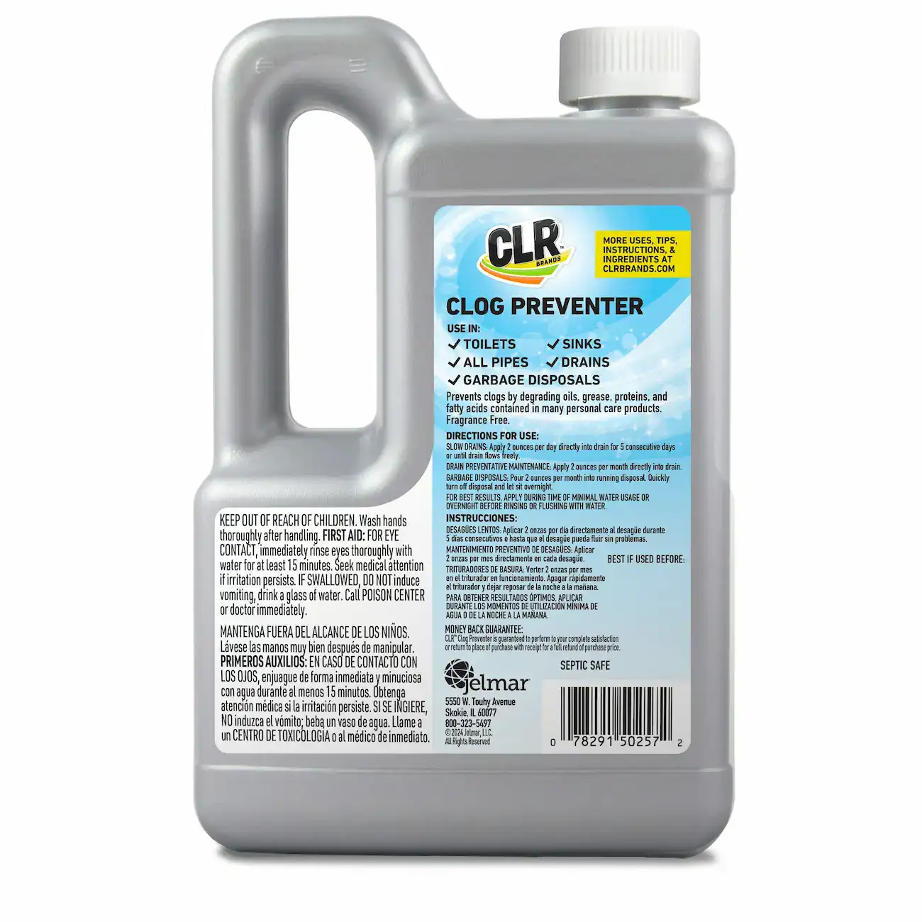 Gray CLR Clog Preventer bottle with blue-yellow label showing uses for toilets, sinks, drains, and pipes.