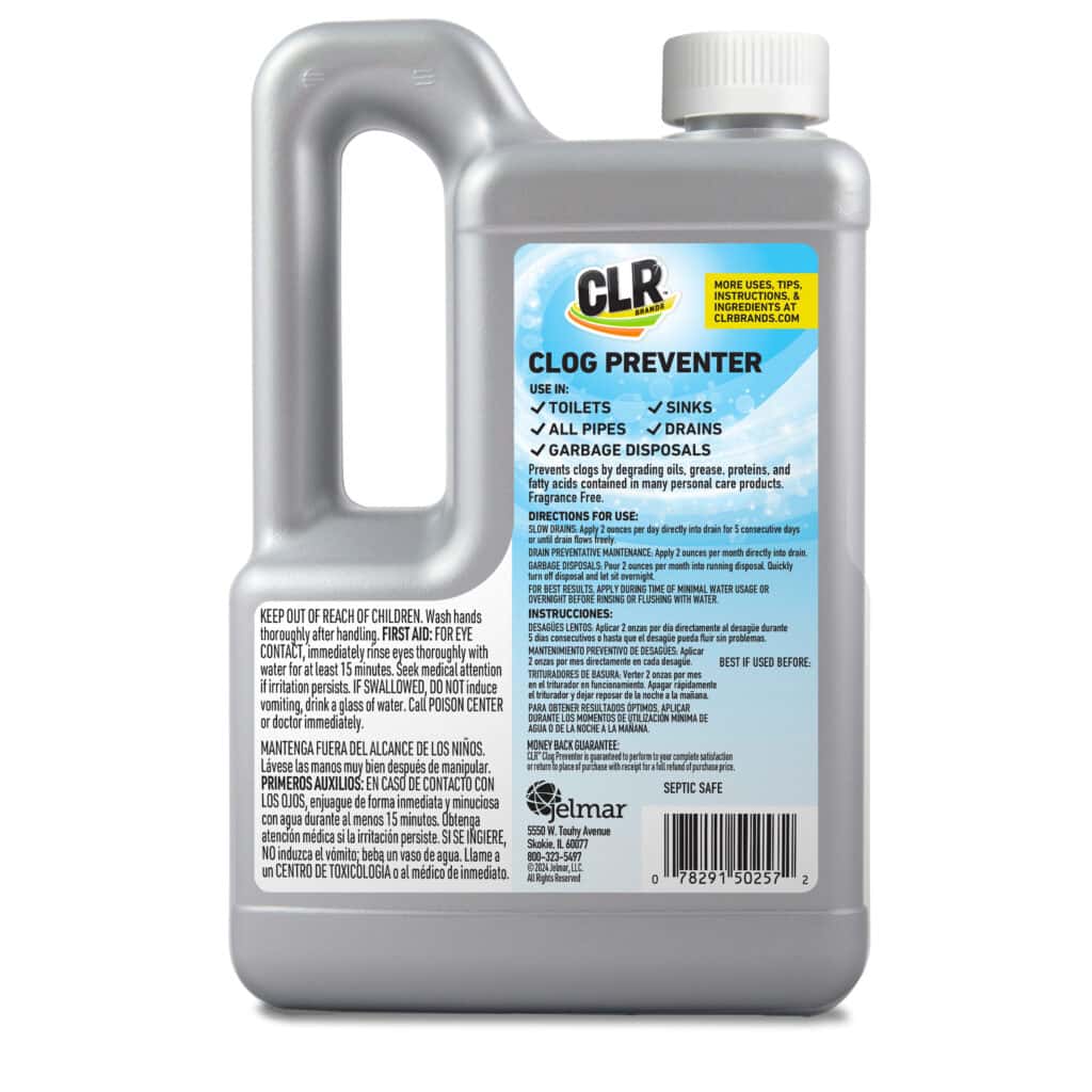 Gray CLR Clog Preventer bottle with blue-yellow label showing uses for toilets, sinks, drains, and pipes.