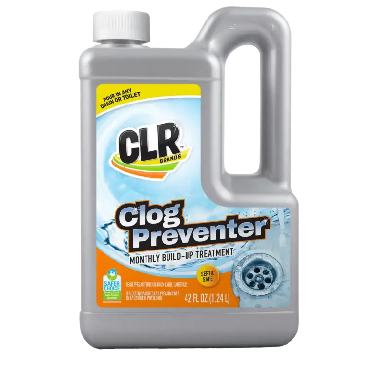 CLR Brands Clog Preventer bottle for drain and toilet clog prevention, 42 oz, monthly build-up treatment, septic safe, suitable for drain or toilet use.