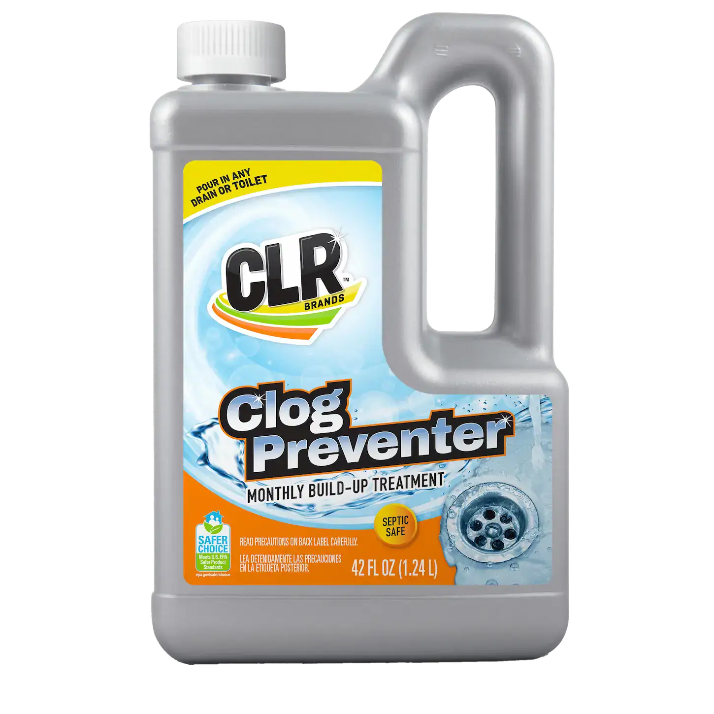 CLR Brands Clog Preventer bottle for drain and toilet clog prevention, 42 oz, monthly build-up treatment, septic safe, suitable for drain or toilet use.