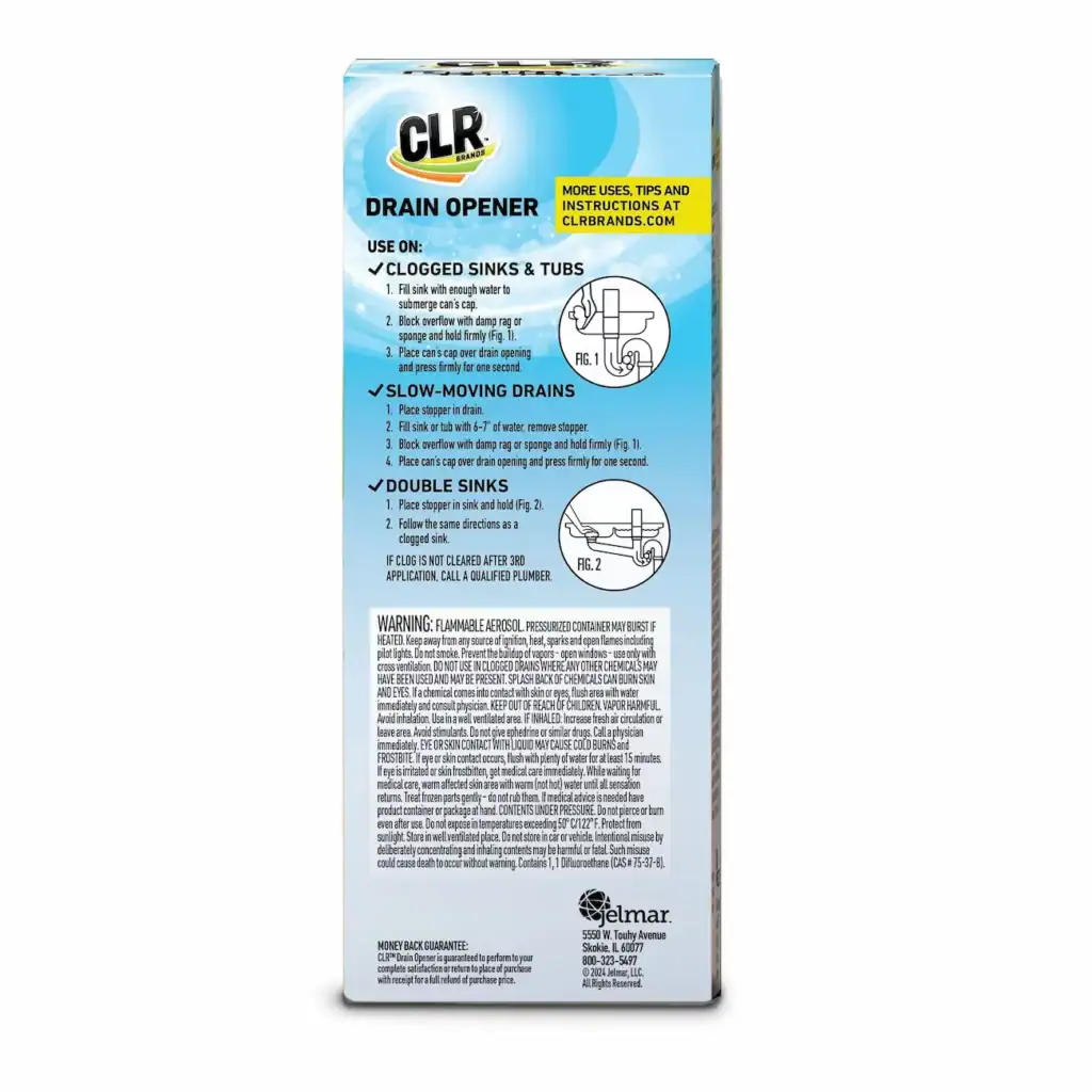 CLR Drain Cleaner & Clog Remover packaging with instructions for use on clogged sinks and tubs, featuring a blue and white design and safety warnings.