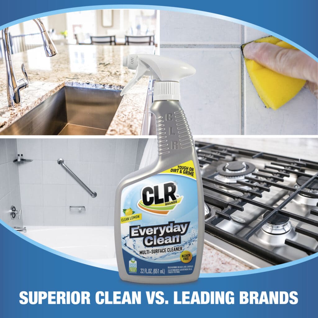 CLR Everyday Clean bottle with images of clean surfaces and text: Superior Clean vs. Leading Brands.