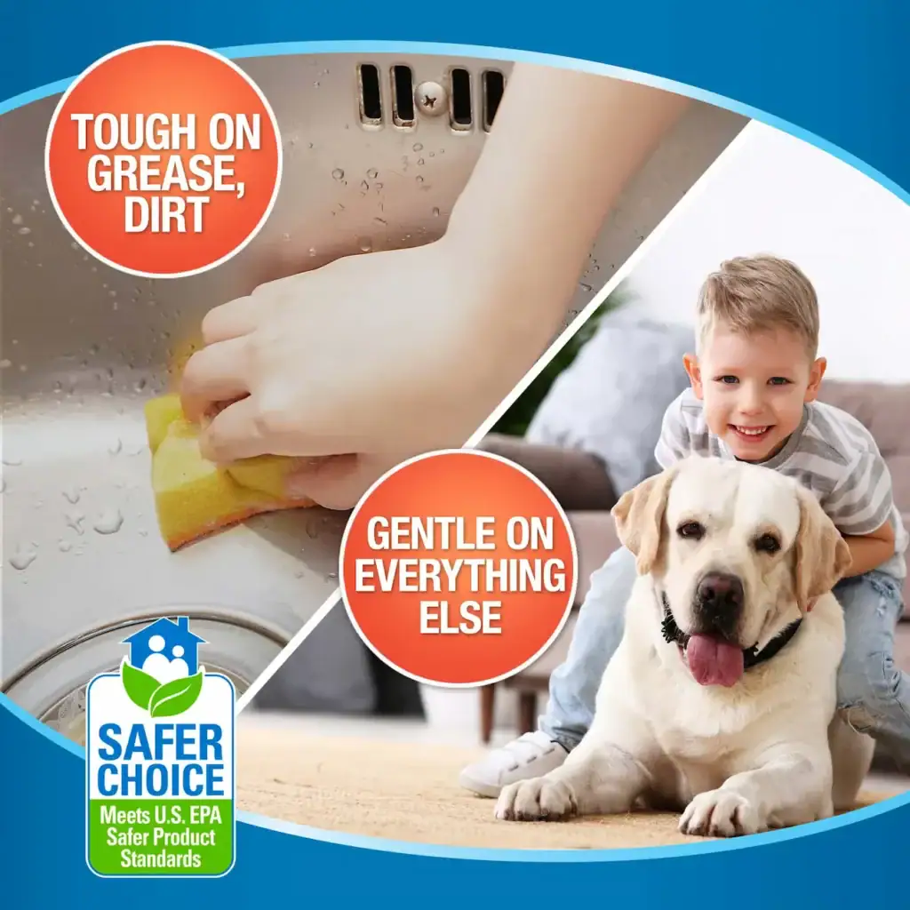 Cleaning product being used to remove grease and dirt, alongside a child and dog, highlighting that it is tough on grease but gentle and safe for everyday use.