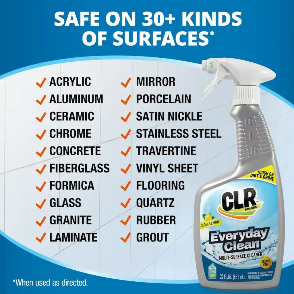 CLR Everyday Clean Multi-Surface Cleaner bottle with list of 20+ surfaces like acrylic, ceramic, and steel.