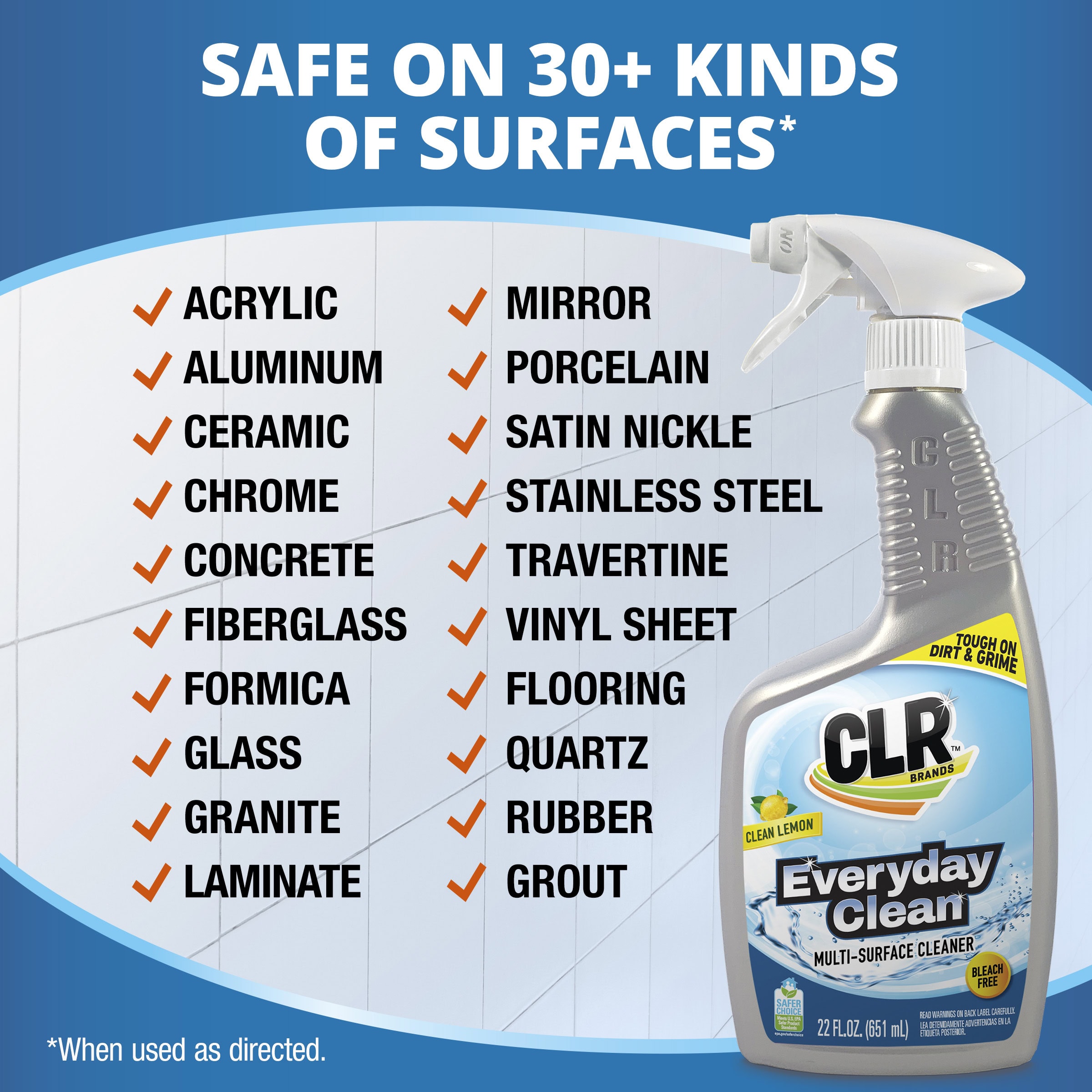 CLR Everyday Clean Multi-Surface Cleaner bottle with list of 20+ surfaces like acrylic, ceramic, and steel.