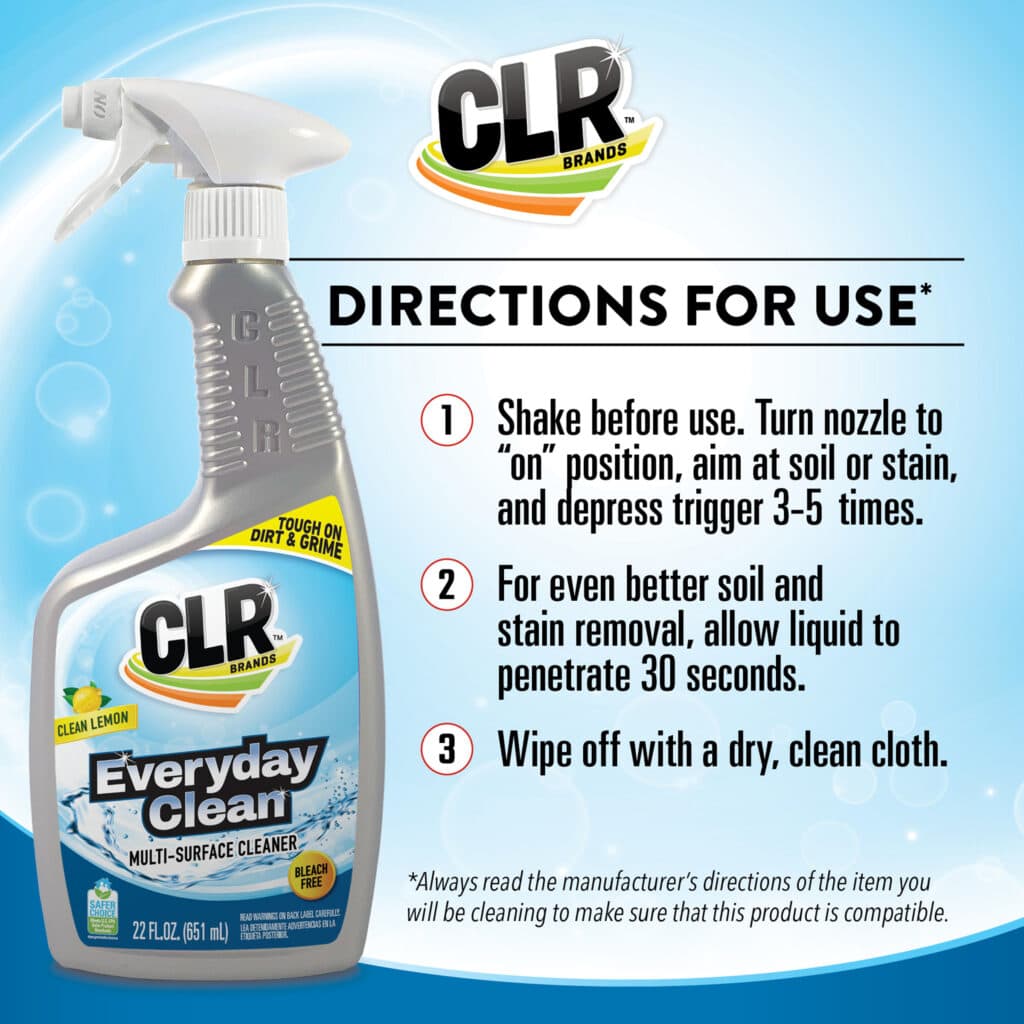 CLR Everyday Clean multi-surface cleaner bottle with instructions for shaking, spraying, waiting, wiping.