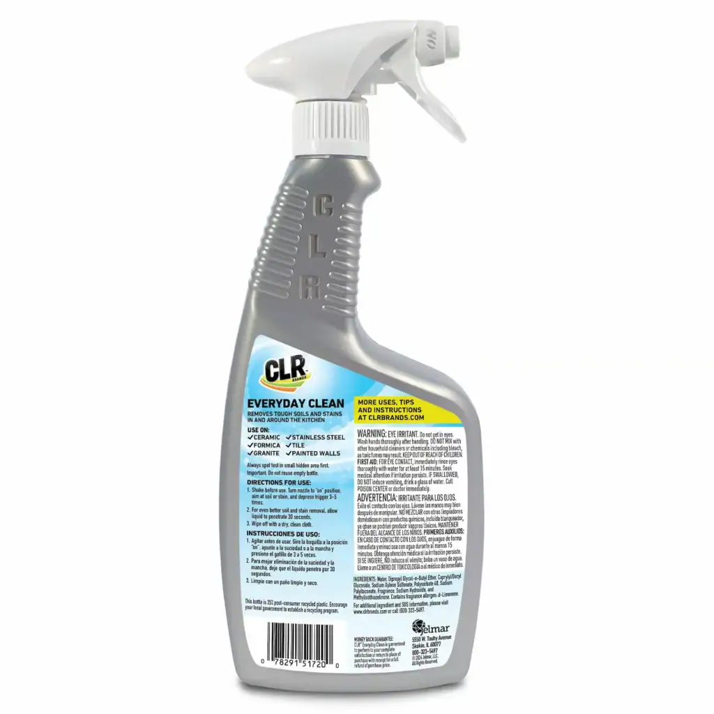 Back of CLR Everyday Clean spray bottle with label showing directions, warnings, and ingredients.