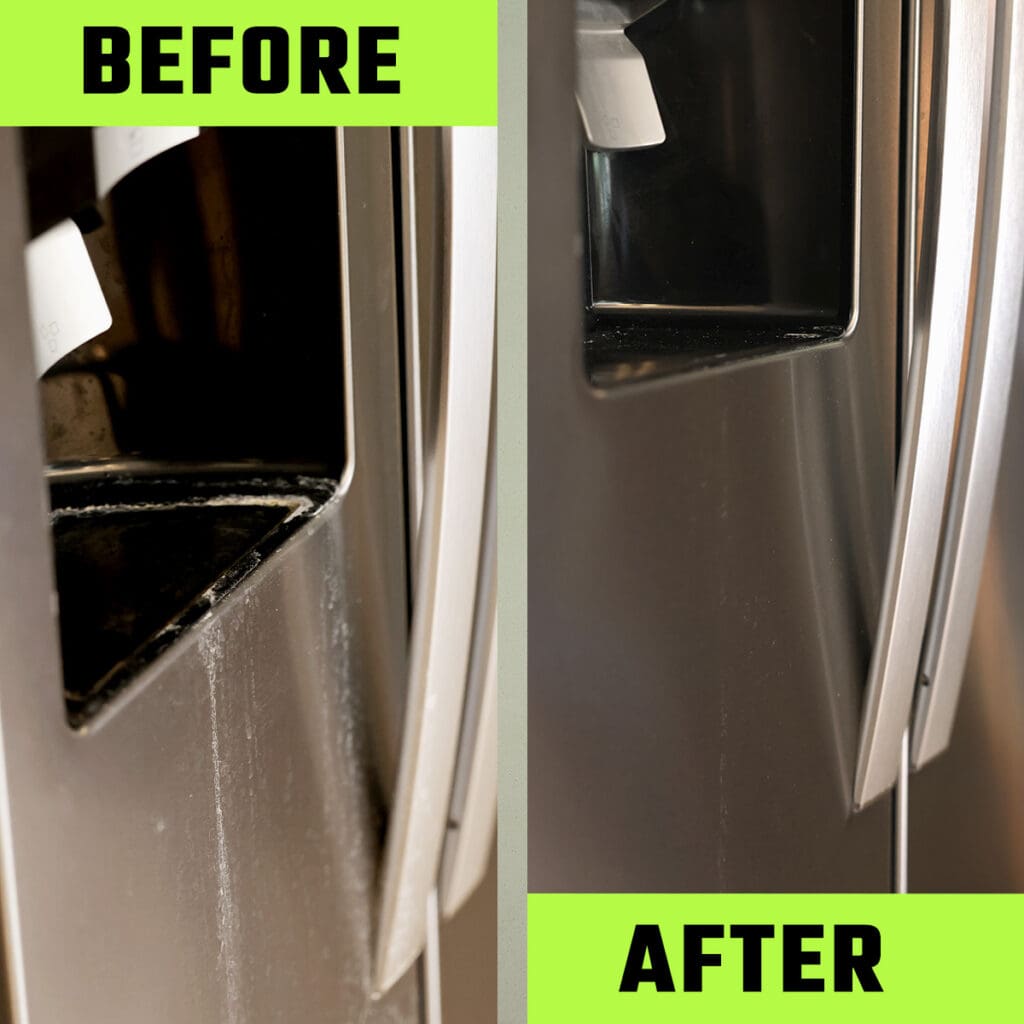 Before and after of fridge water dispenser: dirty on left, clean on right.