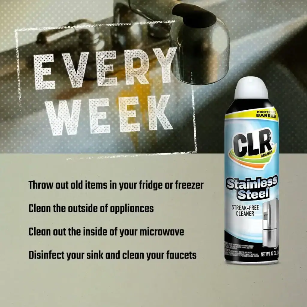 CLR Stainless Steel cleaner spray bottle with cleaning tips for appliances, emphasizing weekly cleaning for stainless steel surfaces.